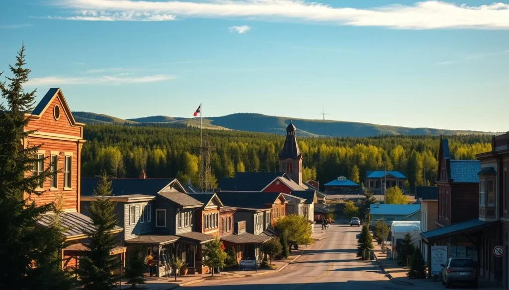 A picturesque town nestled along the banks of the Slave River, Fort Smith is a hub of Northern Canadian history and natural beauty. Capture the quaint wooden buildings and historic landmarks in the foreground, with the lush boreal forest framing the scene in the middle ground. Bright sunlight casts long shadows, illuminating the vibrant colors of the local architecture. In the background, rolling hills and a clear blue sky set the stage for this tranquil, riverside community. Convey a sense of timeless charm and the peaceful atmosphere of this charming Northern town.