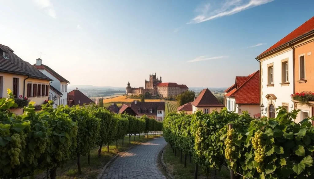 A picturesque town nestled amidst rolling vineyards, Mikulov wine region offers a charming glimpse into the heart of Moravian winemaking. Capture the essence of this enchanting landscape - cobblestone streets lined with quaint buildings, their facades adorned with vibrant flowers and intricate architectural details. In the foreground, a winding path leads visitors through a tapestry of verdant vines, their clusters of plump grapes glistening in the warm, golden sunlight. Beyond, the regal silhouette of Mikulov Castle rises majestically, its stately towers and turrets overlooking the patchwork of vineyards that stretch out towards the distant horizon. Embrace the serene, pastoral atmosphere, where the scent of ripening grapes and the gentle hum of local life create a captivating sense of place.