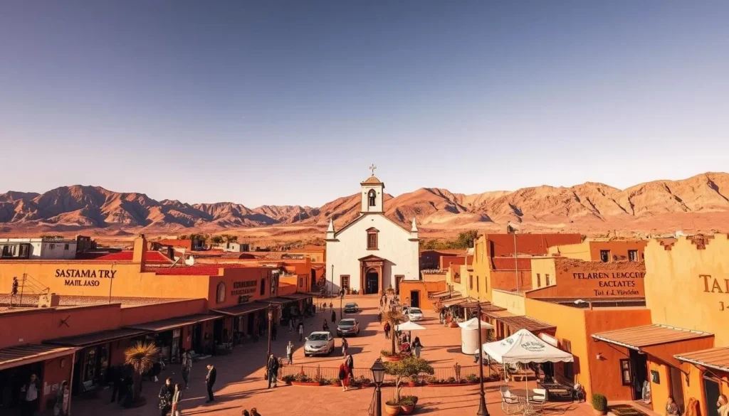 A picturesque town nestled in the Atacama Desert, San Pedro de Atacama is a captivating oasis. Capture its essence with a scene showcasing the town's distinct adobe architecture, painted in warm hues, surrounded by the rugged Andes mountains. In the foreground, showcase the lively central plaza, bustling with locals and visitors exploring quaint shops and cafes. In the middle ground, depict the iconic whitewashed church, its bell tower reaching skyward. In the background, frame the scene with the dramatic, sun-drenched desert landscape, casting a golden glow over the entire town. Utilize a wide-angle lens to encompass the full scale of this charming Andean settlement, bathed in the soft light of a cloudless day.