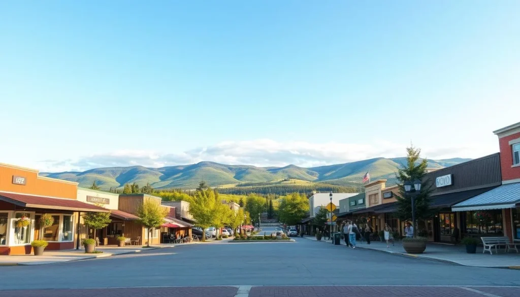 A picturesque town nestled in the heart of Alberta, Bon Accord embraces its natural charm. In the foreground, a quaint main street lined with charming shops and cafes invites exploration. The middle ground features a serene town square, where locals gather to enjoy the sunshine and lush greenery. In the background, rolling hills and a cloudless sky create a peaceful, idyllic atmosphere. Capture the essence of this hidden gem through warm, natural lighting that accentuates the town's cozy, welcoming ambiance. Depict the scene with a wide-angle lens to showcase the town's harmony with its stunning natural surroundings.