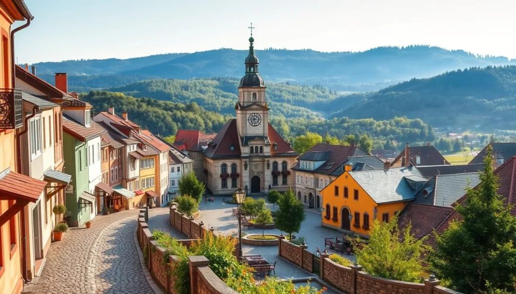A picturesque town nestled in the heart of Moravian Karst, Blansko's quaint streets are lined with charming medieval buildings and churches. In the foreground, cobblestone pathways meander past colorful facades, their warm hues bathed in the soft, golden light of a gentle summer day. The middle ground features a bustling town square, its centerpiece a grand, Neo-Renaissance town hall with a distinctive clock tower. In the background, rolling hills dotted with lush forests rise up, creating a scenic, natural backdrop to this enchanting Czech town. Capture the serene, relaxed atmosphere of Blansko, the gateway to one of Europe's most stunning karstic landscapes.