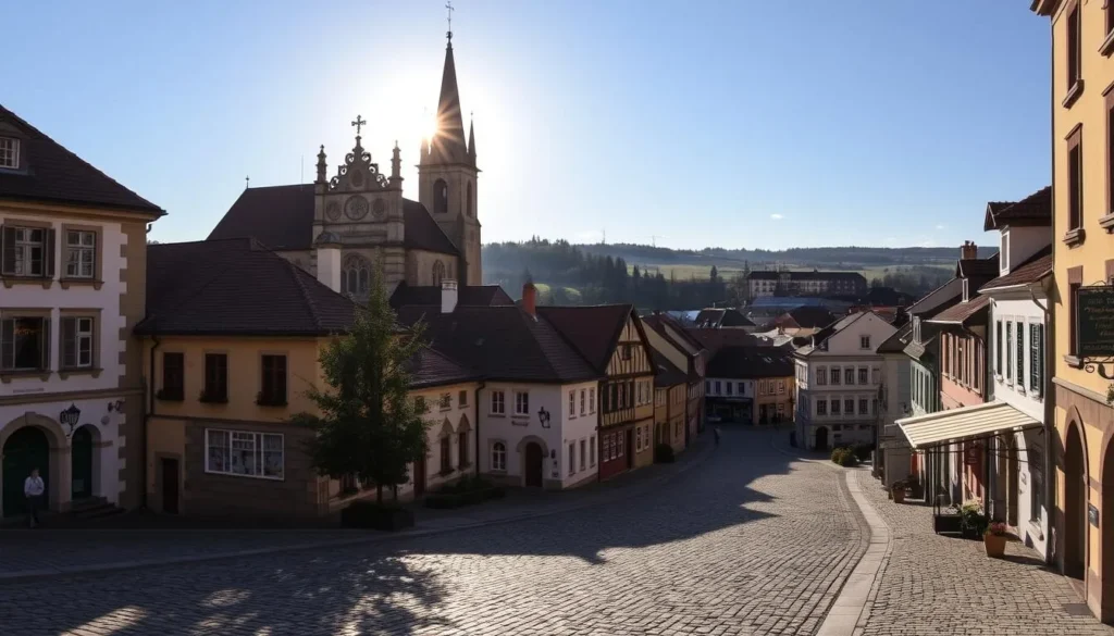 A picturesque town nestled in the rolling hills of Czechia, Jihlava's storied past is etched in its historic architecture. Capture the essence of this regional capital, framed by the striking Gothic cathedral and its surrounding medieval streets. Bask in the warm glow of the sun as it casts shadows across the rustic cobblestones, illuminating the charming facades of the town's well-preserved buildings. In the distance, the silver mines that once fueled Jihlava's prosperity linger as a testament to its industrial heritage. This vibrant scene conveys the town's rich history, from its mining origins to its current status as a thriving cultural hub.