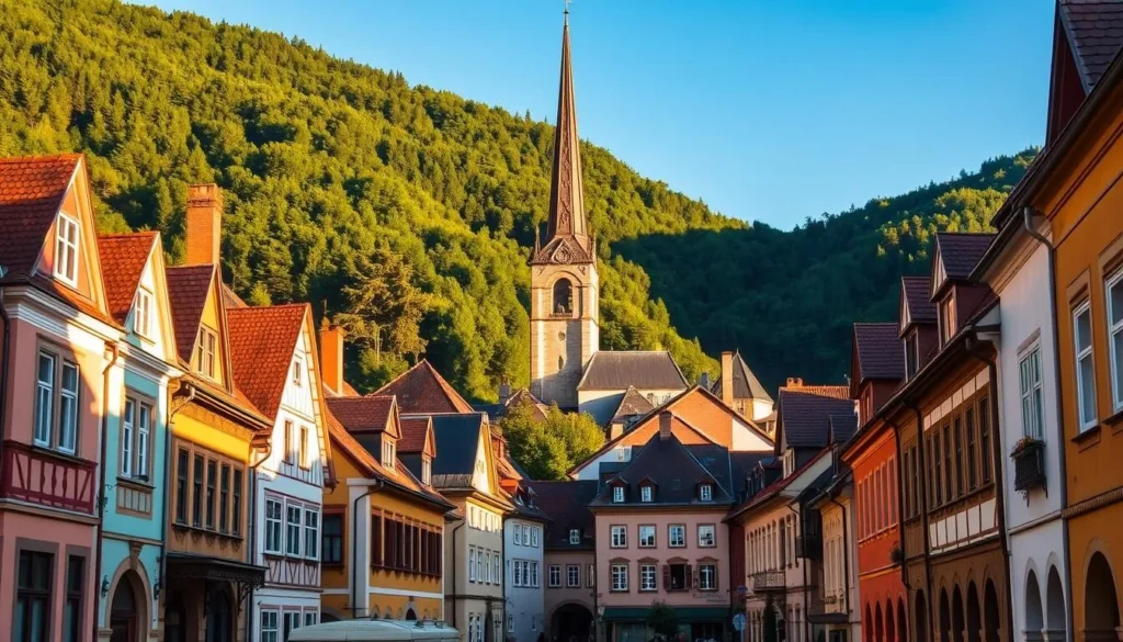 A picturesque town nestled in the rolling hills of Czechia, Valasske Mezirici showcases its charming historic architecture bathed in warm, golden afternoon light. In the foreground, a quaint town square is flanked by colorful, gabled buildings, their facades adorned with intricate details. In the middle ground, a medieval church tower rises majestically, its spire piercing the clear blue sky. In the background, lush, verdant forests climb the surrounding hillsides, creating a serene and peaceful atmosphere. The scene conveys a sense of timeless, Old-World elegance and natural beauty, inviting the viewer to explore the captivating sights and experiences of this quintessential Czech destination.