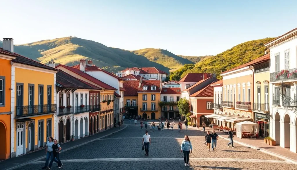 A picturesque town nestled within Furnas do Bom Jesus National Park, Pedregulho Town captivates visitors with its charming architecture and vibrant local culture. Capture the essence of this quaint destination with a wide-angle shot showcasing the town's historic buildings, colorful facades, and bustling central square. Framed by lush, rolling hills in the background, the scene radiates a warm, inviting atmosphere accentuated by soft, natural lighting. Pedestrians stroll leisurely, adding a touch of liveliness to the tranquil setting. Emphasize the town's picturesque qualities, creating a visually engaging image that complements the article's focus on nearby attractions.