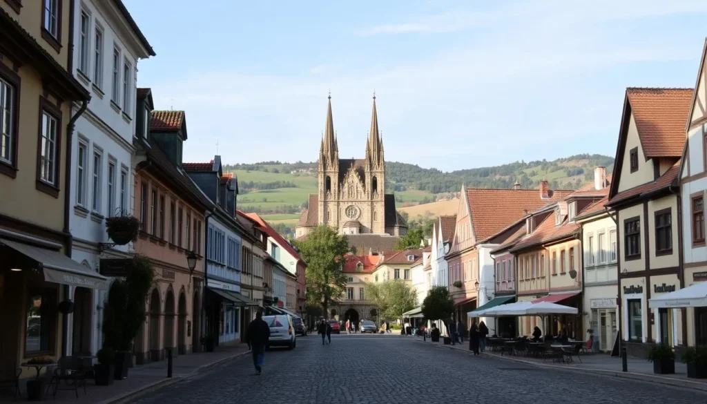 A picturesque town square in Brandys nad Labem-Stara Boleslav, Czechia, on a sunny day. In the foreground, cobblestone streets lined with quaint cafes and shops. In the middle ground, a majestic baroque-style cathedral with its spires reaching towards the sky. In the background, rolling hills and lush greenery, creating a serene and charming atmosphere. The lighting is soft and warm, casting a golden glow over the scene. The angle captures the town's historic charm and inviting ambiance, perfect for visitors seeking a taste of authentic Czech culture and hospitality.