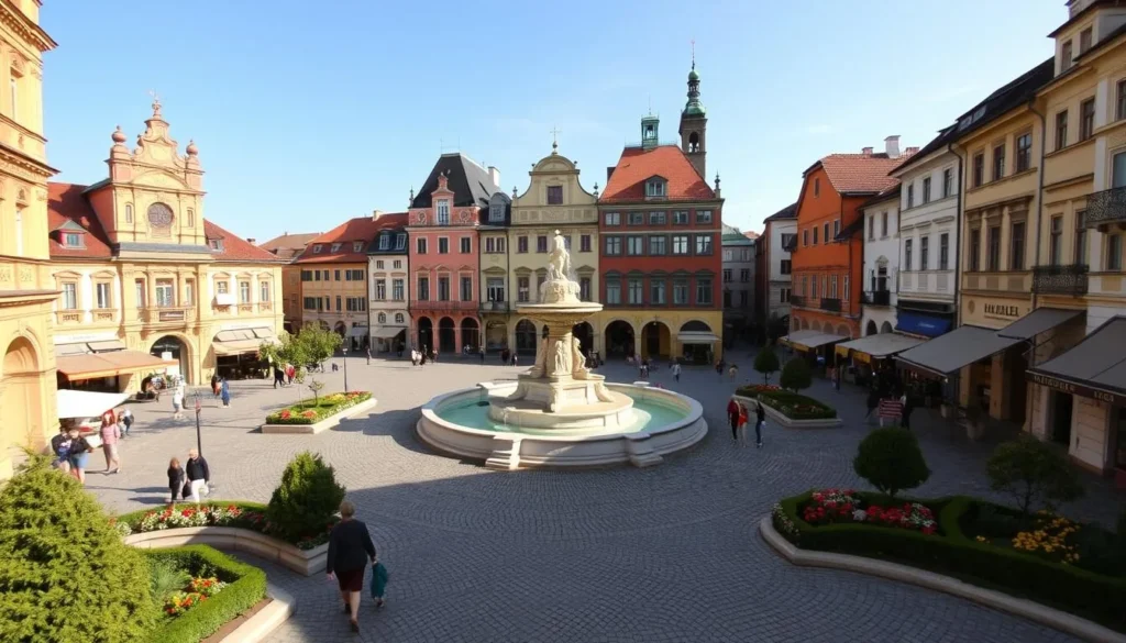 A picturesque town square in Kromeriz, Czechia, bathed in warm afternoon sunlight. Elegant Baroque and Renaissance architecture surround the central fountain, adorned with intricate carvings. Cobblestone paths wind through the square, lined with charming cafes and boutiques. People stroll leisurely, admiring the well-preserved historic buildings with their vibrant facades. Manicured flowerbeds and lush trees add pops of color, creating a tranquil, inviting atmosphere. The scene exudes a timeless, old-world ambiance, inviting exploration and discovery. Capture this quintessential European town square in all its architectural splendor and lively energy.