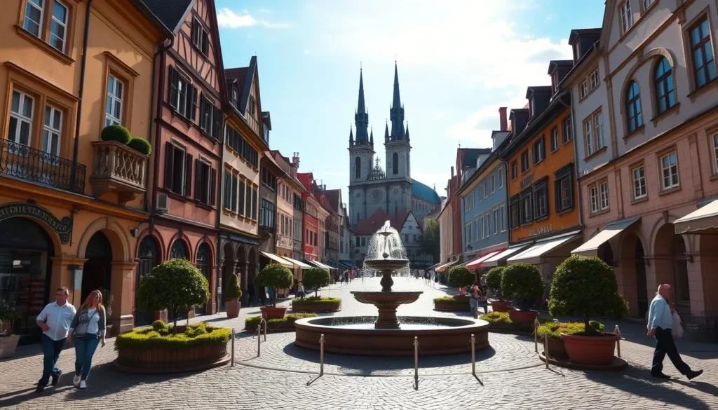 A picturesque town square in Nachod, Czechia, bathed in warm afternoon sunlight. Cobblestone streets lined with charming historical buildings, their facades adorned with intricate architectural details. A central fountain gently bubbles, surrounded by lush, manicured greenery. Pedestrians leisurely stroll, enjoying the quaint ambiance. In the distance, the spires of a grand church tower over the scene, adding to the town's medieval character. A sense of timeless elegance and unhurried tranquility pervades the atmospheric town center, inviting visitors to immerse themselves in Nachod's captivating historic charm.