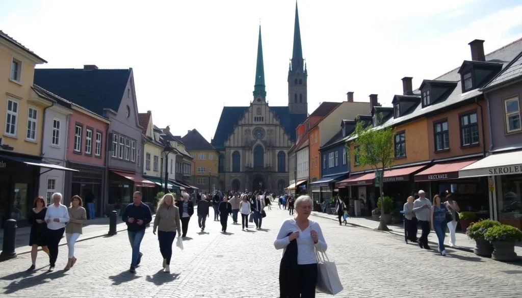 A picturesque town square in Örebro County, Sweden, on a sunny day. In the foreground, people stroll along the cobblestone streets, taking in the vibrant local culture. The middle ground features a historic church with a tall spire, its intricate architecture a testament to the region's rich heritage. In the background, quaint cafes and boutiques line the square, their colorful facades creating a warm, inviting atmosphere. Soft, diffused lighting illuminates the scene, casting gentle shadows and highlighting the details. The overall mood is one of tranquility and appreciation for the unique cultural identity of Örebro County.