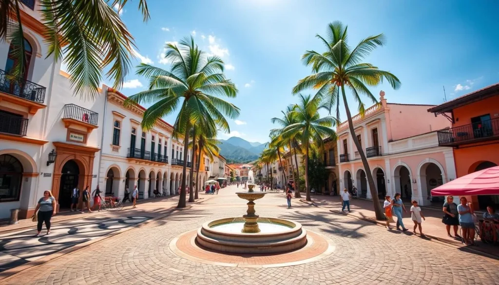 A picturesque town square in the historic center of Angra dos Reis, Brazil. Cobblestone streets lined with colonial-era buildings, their pastel facades glistening in the warm afternoon sunlight. A central fountain, its gentle splashing complementing the chatter of locals and visitors strolling by. Lush palm trees sway overhead, casting dappled shadows across the scene. In the distance, the silhouettes of mountains rise, hinting at the stunning natural landscape surrounding this charming historic district. Capture the vibrant atmosphere and timeless beauty of this coastal Brazilian town with a high-resolution, wide-angle lens.