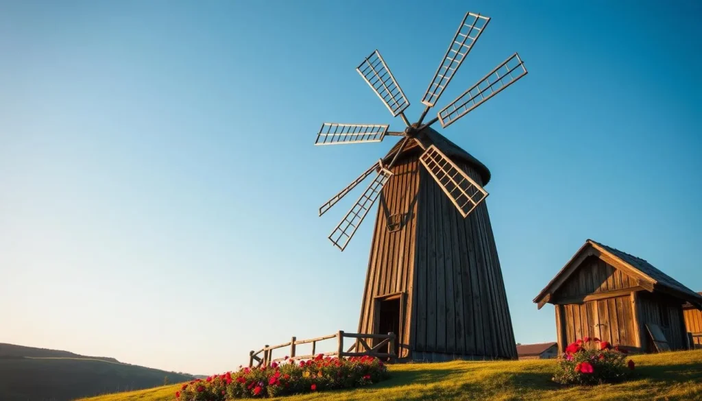 A picturesque traditional windmill standing tall against a clear blue sky, its wooden blades gently turning in the soft breeze. The structure features a thatched roof and weathered wooden siding, blending seamlessly into the rolling hills of the Bile Karpaty region. In the foreground, a well-tended garden with vibrant flowers adds a touch of rustic charm. The warm, golden lighting casts a peaceful, nostalgic atmosphere, capturing the essence of the area's rich folk heritage and architectural traditions.