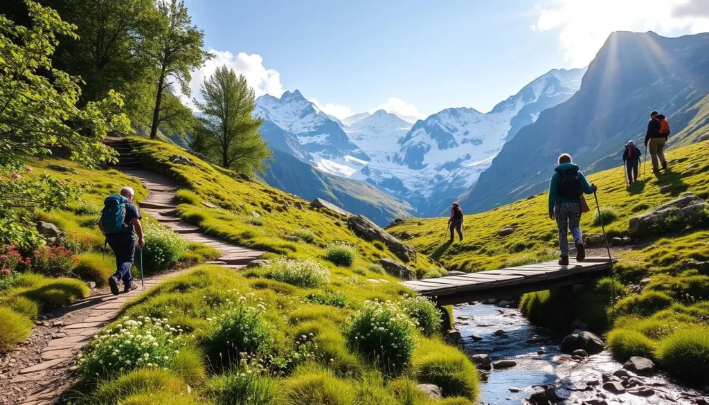 A picturesque trail winding through the majestic Galdhopiggen Group in Norway. Sunlight filters through lush green foliage, casting a warm glow on the rugged, snow-capped peaks in the distance. The path is lined with wildflowers, inviting hikers to explore this serene, pristine landscape. In the foreground, a wooden bridge crosses a babbling brook, its clear waters reflecting the surrounding beauty. Hikers, clad in sturdy hiking gear, traverse the trail, taking in the breathtaking vistas. The scene exudes a sense of tranquility and adventure, perfectly capturing the essence of the Galdhopiggen Group for first-time visitors.
