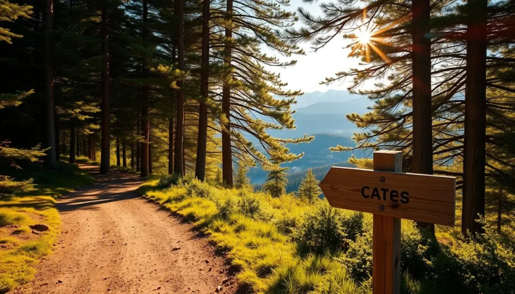 A picturesque trailhead nestled in the lush, verdant landscape of Rago National Park, Norway. Sunlight filters through the canopy of towering pine trees, casting a warm, golden glow over the well-maintained dirt path leading into the park. In the foreground, a wooden sign with clear directional markers points the way, inviting hikers to explore the stunning natural wonders within. The background features a panoramic view of the rolling hills and distant snow-capped peaks, creating a breathtaking backdrop for this serene and inviting entrance to the park.