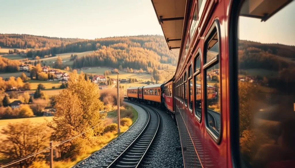 A picturesque train journey from Prague to Plzen, capturing the scenic Czech countryside. An old-fashioned locomotive pulls carriages through rolling hills, passing quaint villages and lush forests. Warm sunlight filters through the windows, casting a golden glow on the passengers gazing out at the breathtaking landscape. The train steadily makes its way along the tracks, winding through the heart of Bohemia, offering a glimpse into the charming, historic region. Crisp, clear skies overhead complement the serene, tranquil atmosphere onboard, creating a memorable travel experience.
