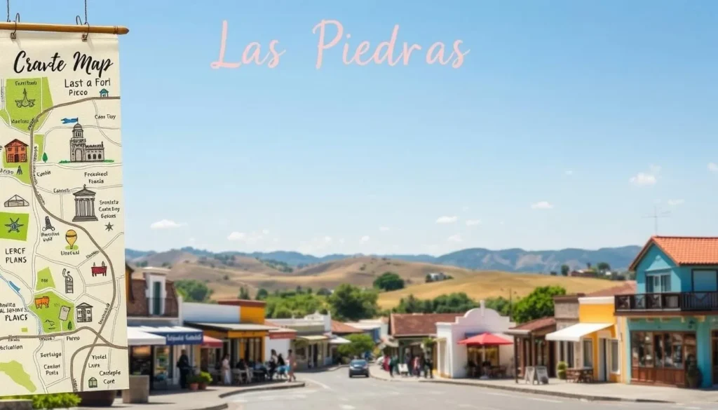 A picturesque travel guide for Las Piedras, Uruguay, captured on a bright, sunny day. In the foreground, a hand-drawn map showcases the town's key landmarks and attractions, inviting the viewer to explore. The middle ground features quaint local shops and cafes, their colorful facades and lively energy setting the mood. In the background, rolling hills and a cloudless sky create a serene, tranquil backdrop, evoking the peaceful ambiance of this charming destination. The scene is rendered with a warm, vibrant color palette and a touch of whimsical realism, capturing the essence of Las Piedras' unique character and inviting the viewer to plan their next adventure.