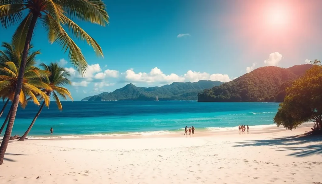 A picturesque tropical beach in Morro de São Paulo, Brazil, under a warm, golden sun. Soft, white sand stretches out, dotted with palm trees swaying gently in the ocean breeze. Turquoise waves lap against the shore, creating a soothing, rhythmic soundtrack. In the middle ground, beachgoers stroll along the water's edge, enjoying the serene atmosphere. In the distance, the lush, verdant hills of the island provide a stunning backdrop, creating a sense of tranquility and natural beauty. The scene is bathed in a warm, inviting light, conveying a peaceful, relaxing mood.