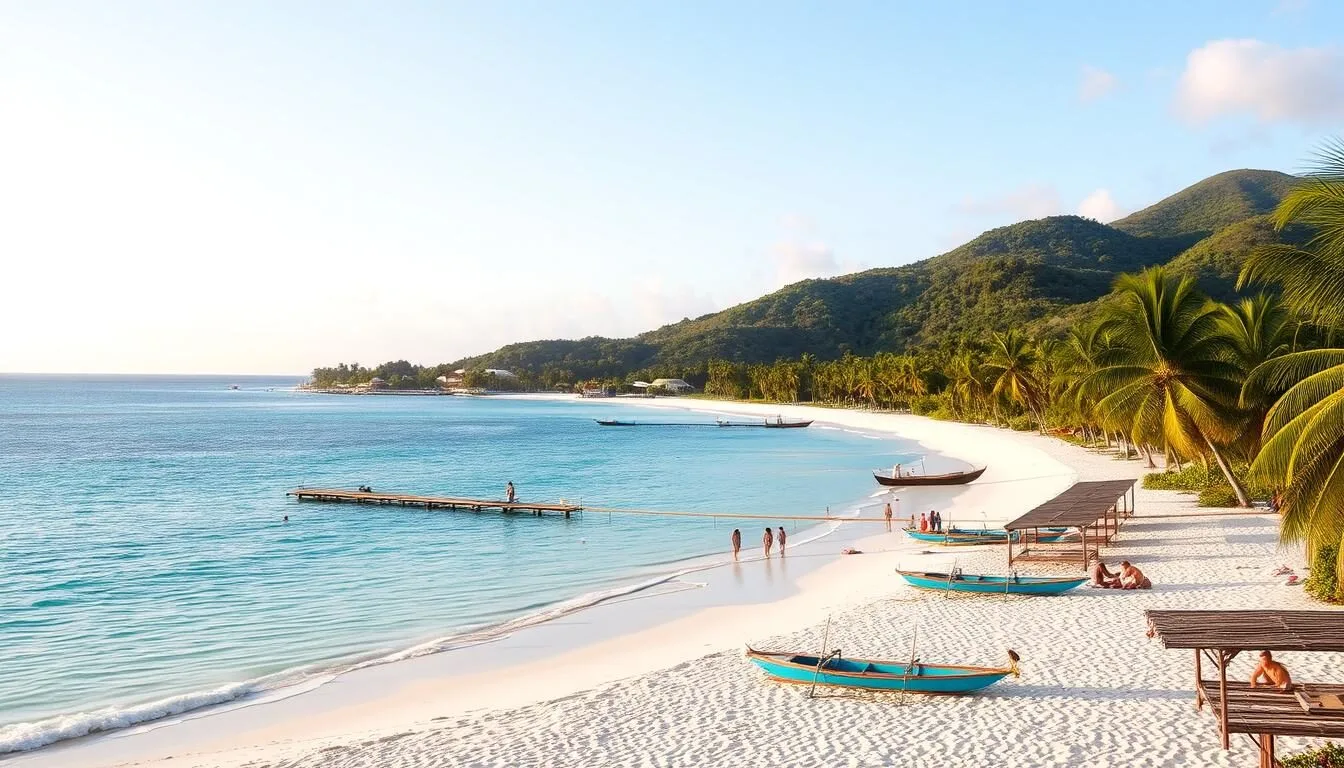 A picturesque tropical beach in Morrocoy National Park, Venezuela. Pristine white sand stretches along the turquoise waters of the Caribbean Sea. Lush palm trees sway gently in the warm breeze, creating a tranquil, idyllic atmosphere. In the foreground, people enjoy the sun, swimming, and relaxing on the serene shoreline. The middle ground features small wooden piers and traditional fishing boats docked along the coast. The background showcases the park's verdant, hilly landscape, creating a stunning natural backdrop. The scene is bathed in soft, golden light, conveying a sense of peacefulness and relaxation. Capture the essence of this beautiful, unspoiled paradise.