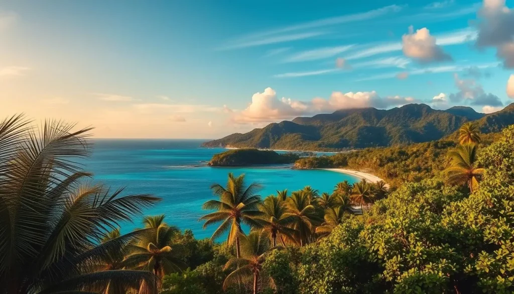 A picturesque tropical landscape in the Andaman Islands, India, during the ideal travel season. Vibrant azure waters and lush, verdant foliage set the scene, with a gentle breeze rustling the palm fronds. Warm, golden sunlight filters through the clouds, casting a soft, welcoming glow over the pristine beaches and secluded coves. In the distance, rugged, forested hills rise up, creating a stunning backdrop. The atmosphere exudes a sense of tranquility and natural beauty, inviting visitors to fully immerse themselves in the island's captivating charms.