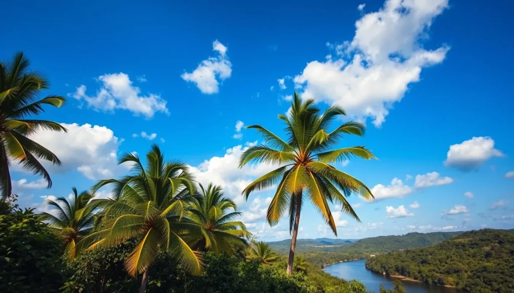 A picturesque tropical scene in Suriname, with a vibrant blue sky dotted with fluffy white clouds. In the foreground, lush palm trees sway gently in a light breeze, their fronds casting dappled shadows on the rich, verdant foliage below. The middle ground features a winding river, its clear waters reflecting the surrounding landscape. In the distance, rolling hills covered in dense, verdant rainforest create a serene, natural backdrop. Warm, golden sunlight bathes the entire scene, creating a sense of tranquility and warmth. The overall mood is one of peaceful, idyllic calm, perfectly capturing the best of Suriname's weather-savvy climate.