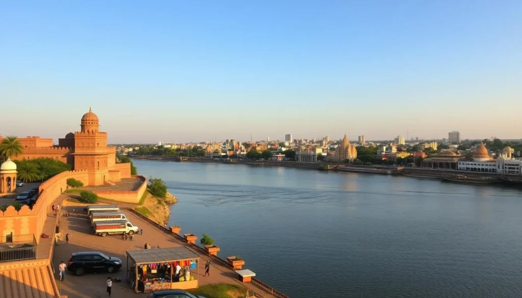 A picturesque view of Cuttack, Odisha's historic city, on a bright and sunny day. In the foreground, the iconic Barabati Fort stands tall, its red sandstone walls and intricate architecture casting long shadows. In the middle ground, the Mahanadi River flows calmly, its waters reflecting the clear sky above. Along the riverbanks, local vendors offer an array of colorful handicrafts and regional delicacies. In the background, the city's skyline is dotted with ancient temples, bustling markets, and modern high-rises, creating a harmonious blend of old and new. The scene is bathed in warm, golden light, capturing the vibrant and welcoming atmosphere of Cuttack, a must-visit destination for any traveler to Odisha.