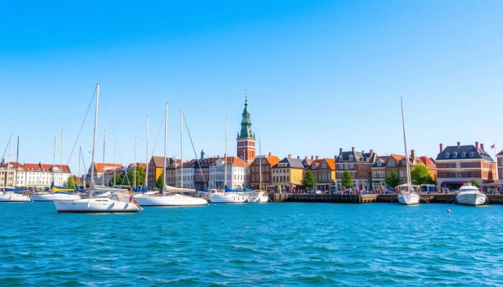 A picturesque view of Helsingborg's vibrant harbor on a sunny day. In the foreground, sailboats gently sway on the calm, azure waters, their colorful sails reflecting the warm light. The middle ground showcases the charming, historical buildings lining the promenade, their facades adorned with architectural details. In the background, the iconic Kärnan tower rises majestically, its distinctive silhouette framed by a clear, cloudless sky. The scene evokes a sense of tranquility and invites the viewer to imagine strolling along the bustling quayside, soaking in the lively atmosphere of this picturesque Swedish city.