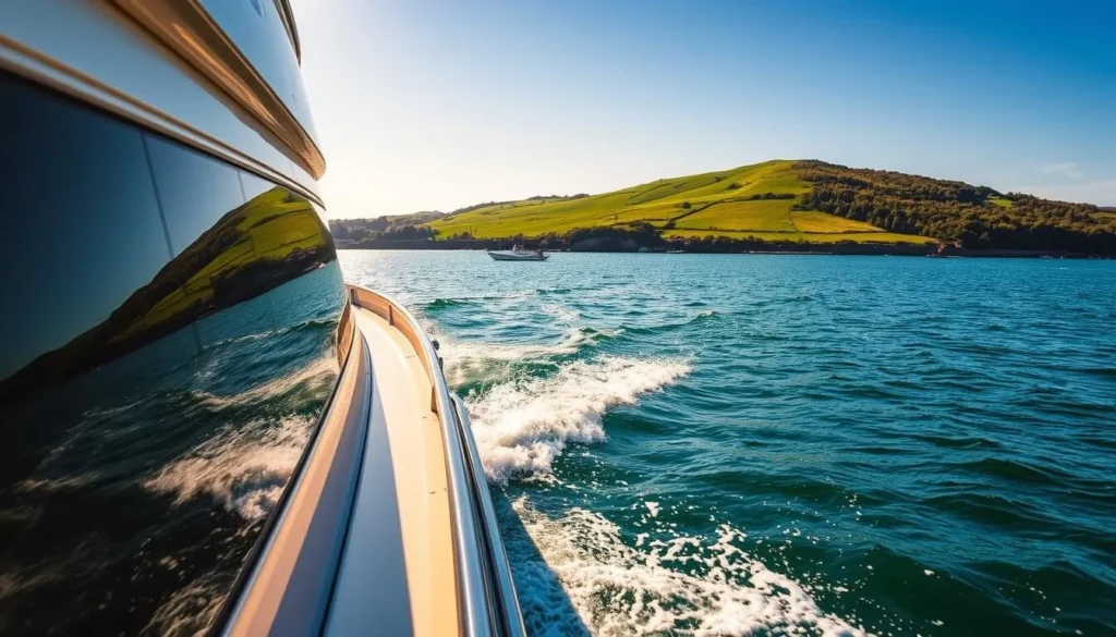 A picturesque view of a ferry gliding across the tranquil waters of Poole Harbour, en route to the verdant shores of Brownsea Island. The vessel's sleek design and gleaming exterior reflect the warm sunlight, casting shimmering ripples on the surface. In the background, the lush, rolling hills of the island provide a serene backdrop, inviting visitors to explore its rich natural wonders. The scene exudes a sense of relaxation and adventure, perfectly capturing the essence of a journey to this enchanting destination.