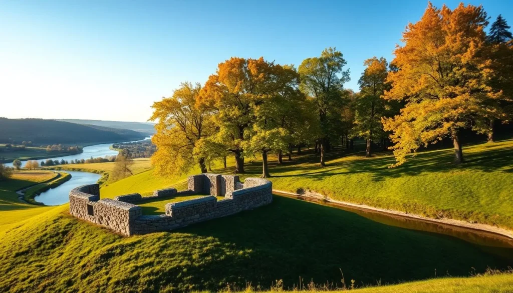 A picturesque view of the Kernave archaeological site nestled in the lush green hills of Lithuania. The ancient hillfort ruins stand prominently in the foreground, their stone walls and fortifications etched against a clear blue sky. In the middle ground, the winding Neris River meanders through the verdant landscape, its gentle waters reflecting the surrounding natural beauty. Towering deciduous trees line the riverbanks, their vibrant foliage swaying softly in the warm summer breeze. The scene is bathed in soft, natural lighting, casting a warm, inviting glow over the entire landscape. Capture the serene and historic atmosphere of this captivating archaeological wonder.
