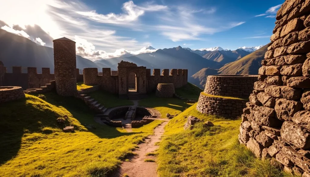 A picturesque view of the ancient Kuelap ruins, nestled amidst the lush, verdant Andean mountains. The towering stone walls and circular stone structures stand tall, casting long shadows across the grassy hillsides. Warm, golden sunlight filters through wispy clouds, illuminating the intricate stonework and creating a serene, timeless atmosphere. In the foreground, a small path winds through the ruins, inviting the viewer to explore the well-preserved remnants of this once-thriving Chachapoya civilization. The middle ground features the grand, fortified entrance, its massive stone blocks and ornate carvings a testament to the engineering prowess of the ancient inhabitants. The distant background showcases the breathtaking Andes, their rugged peaks providing a dramatic backdrop to this remarkable archaeological site.