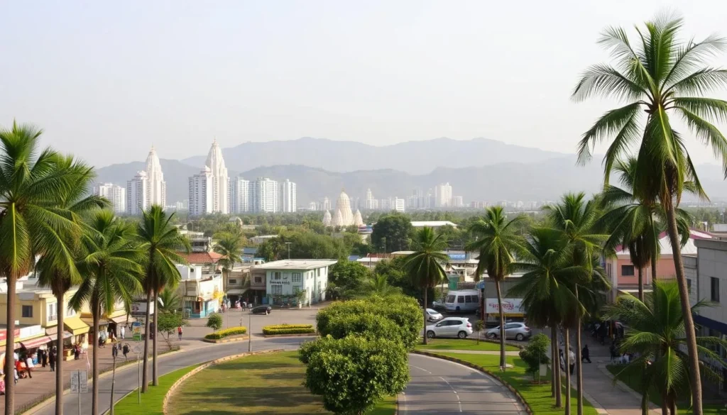 A picturesque view of the bustling city of Nellore, Andhra Pradesh, on a sunny day. In the foreground, a well-maintained road winds through the urban landscape, lined with lush palm trees and vibrant shops. In the middle ground, modern high-rises and historic temples create a harmonious skyline, bathed in warm, golden light. The background features the majestic Nandi Hills, their peaks capped with a soft haze. The scene exudes a sense of tranquility and cultural richness, inviting the viewer to explore the city's diverse offerings.