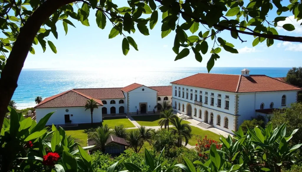 A picturesque view of the historic Île Royale Prison, the administrative heart of the Salation Islands in French Guiana. The sun-drenched compound features a series of well-preserved colonial buildings with striking architectural details - white-washed walls, red-tiled roofs, and arched windows. In the foreground, a lush tropical garden frames the scene, with vibrant green foliage and colorful flowers. The middle ground showcases the main prison structures, their facades casting long shadows across the neatly tended grounds. In the background, the shimmering azure waters of the Atlantic Ocean provide a tranquil backdrop, hinting at the remote and isolated nature of this once-notorious penal colony. The overall mood is one of serene contemplation, inviting the viewer to imagine the complex history and stories contained within these storied walls.