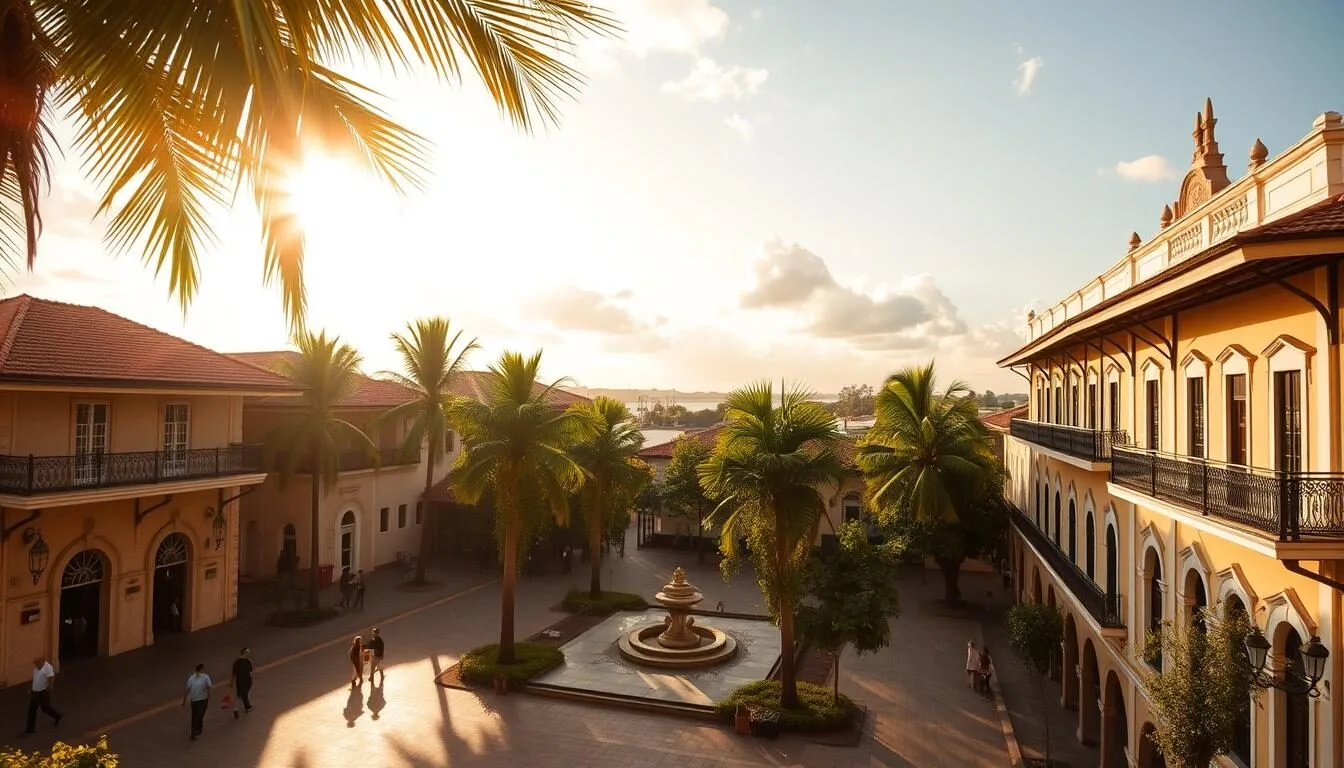 A picturesque view of the historic Saint-Laurent-du-Maroni in French Guiana, under a warm, golden-hued afternoon sky. The scene showcases the town's charming colonial architecture, with pastel-colored buildings, ornate balconies, and lush tropical foliage surrounding a central plaza. Pedestrians stroll leisurely, capturing the tranquil pace of life. Sunlight filters through swaying palm trees, casting gentle shadows and creating a serene, inviting ambiance. The image conveys the timeless allure and cultural heritage of this scenic riverside town.