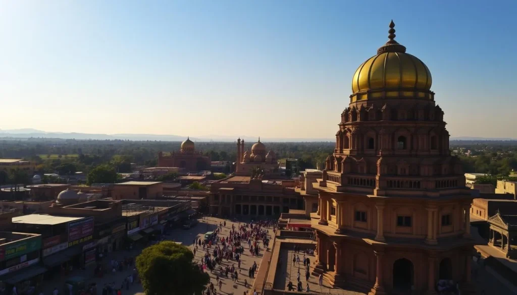 A picturesque view of the historical city of Vijayapura, Karnataka, bathed in warm sunlight. In the foreground, the majestic Gol Gumbaz mausoleum stands tall, its striking dome reflecting the sky's azure hue. Surrounding it, bustling streets lined with colorful shops and vibrant local life. In the middle ground, the ancient Bara Kaman monument and the Jama Masjid mosque emerge, their intricate architectural details illuminated by the golden hour. In the distance, the rugged Deccan plateau forms a dramatic backdrop, hazy mountains and lush greenery stretching to the horizon. The scene exudes a sense of timeless wonder, inviting the viewer to step into the rich historical tapestry of this captivating city.