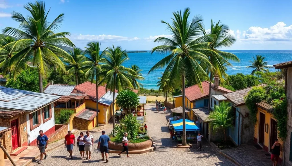 A picturesque village nestled along the idyllic shores of Ilha de Boipeba, Brazil. Cobblestone streets wind through a quaint collection of charming, brightly colored houses and buildings, their weathered facades embracing the warm tropical ambiance. In the foreground, a group of locals casually stroll past, their laughter and chatter filling the air. Towering palm trees sway gently in the soft ocean breeze, casting dappled shadows across the scene. The middle ground reveals a central plaza, where colorful market stalls offer an array of local wares and produce. In the distance, the shimmering azure waters of the bay reflect the cloudless sky, creating a serene and tranquil atmosphere that invites exploration and discovery.