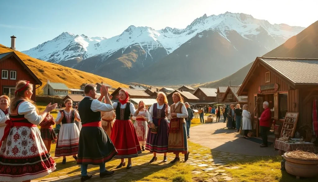 A picturesque village nestled in the rolling hills near Kjolen National Park, Norway. In the foreground, locals dressed in traditional Norse attire engage in a lively folk dance, their colorful costumes and joyful movements capturing the vibrant cultural heritage of the region. In the middle ground, artisans display their handcrafted wares, from intricate woodcarvings to woolen textiles, inviting visitors to immerse themselves in the rich artisanal traditions. The background features the majestic snow-capped peaks of Kjolen, their rugged beauty creating a stunning natural backdrop to this scene of cultural celebration. Warm, golden sunlight filters through, casting a serene and inviting atmosphere over the entire tableau.