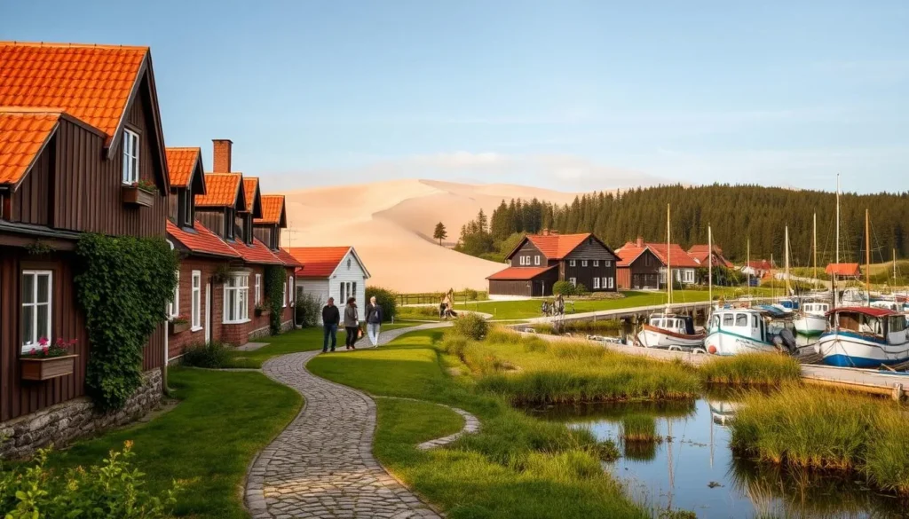 A picturesque village nestled on the Curonian Spit, a narrow coastal strip in Lithuania. Quaint wooden houses with red-tiled roofs line the winding streets, their facades adorned with colorful window boxes and climbing vines. In the foreground, a cobblestone path leads past a small pond, its still waters reflecting the surrounding greenery. In the middle ground, locals stroll leisurely, stopping to admire the traditional fishing boats moored at the nearby harbor. The background is framed by the undulating sand dunes and lush pine forests characteristic of this unique Baltic landscape, bathed in the warm, golden light of a summer afternoon.