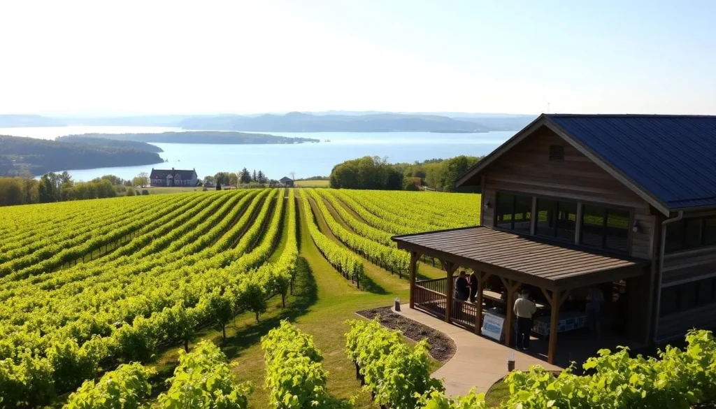 A picturesque vineyard nestled along the serene shores of Seneca Lake, New York. Rows of lush, verdant vines stretch out towards the distant horizon, bathed in the warm glow of the afternoon sun. In the foreground, a wooden tasting room stands, its rustic charm complementing the natural beauty of the surroundings. A handful of wine enthusiasts savor the local vintages, taking in the breathtaking views of the lake and the rolling hills beyond. The air is crisp and fresh, carrying the subtle aromas of the grape varietals. A tranquil and inviting scene, perfect for exploring the rich winemaking heritage of this captivating region.