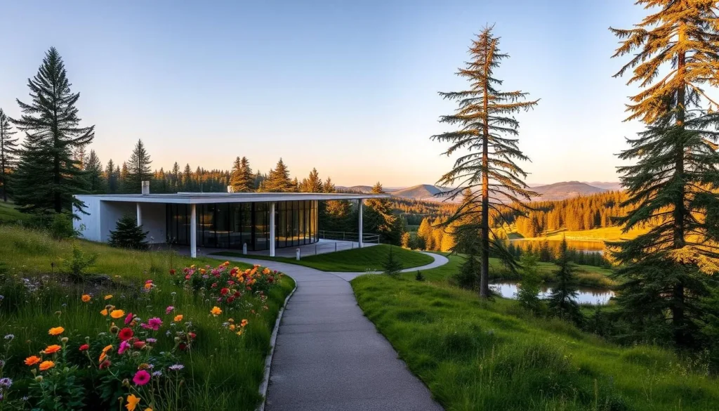 A picturesque visitor center nestled within the lush, verdant landscape of Podyjí National Park, Czechia. Capture the modern, minimalist architecture bathed in warm, golden sunlight, its clean lines and glass panels seamlessly blending with the surrounding natural beauty. In the foreground, a well-maintained pathway leads visitors towards the inviting entrance, flanked by vibrant wildflowers and tall, swaying trees. The middle ground reveals a serene pond, its still waters reflecting the majestic hills and forests in the distance. The overall scene exudes a sense of tranquility and harmony, perfectly encapsulating the essence of this remarkable protected area.