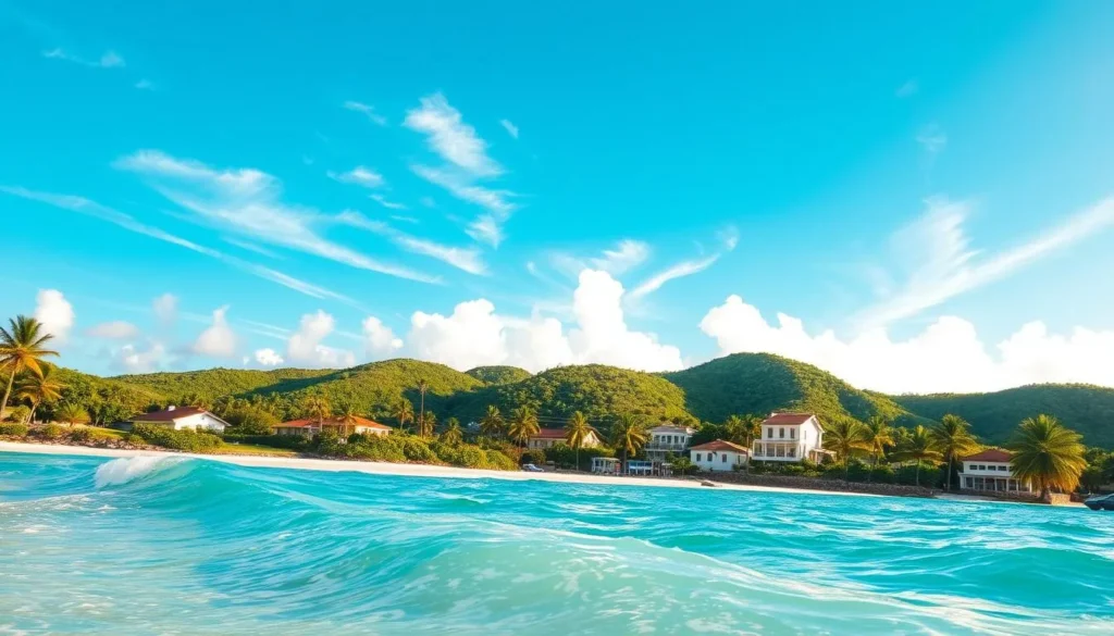 A picturesque vista of Anguilla's varied climate patterns. In the foreground, gentle waves caress the pristine white sand beaches, while lush palm trees sway in the warm Caribbean breeze. The middle ground features rolling hills cloaked in vibrant green foliage, dotted with charming white-washed buildings. In the distance, wispy clouds drift across a brilliant azure sky, illuminated by the soft, golden light of a mid-afternoon sun. The scene conveys the tranquil, tropical ambiance that defines Anguilla's ideal weather conditions. Photographed with a wide-angle lens to capture the breadth of the idyllic landscape.