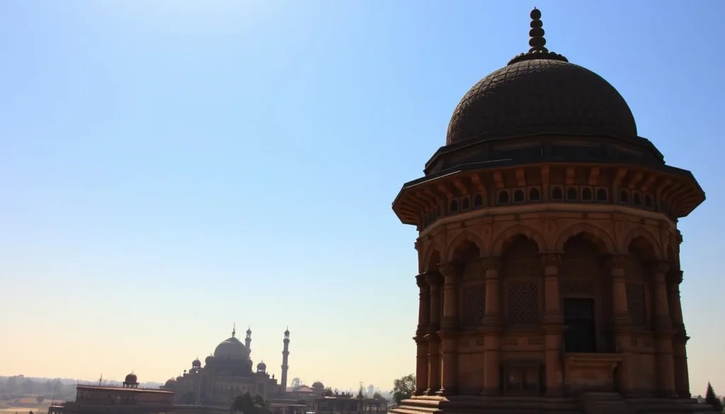 A picturesque vista of Bijapur's historical landmarks, bathed in warm afternoon sunlight. In the foreground, the towering Gol Gumbaz mausoleum stands majestically, its intricate domed architecture and ornate calligraphy details captured in crisp focus. Behind it, the Ibrahim Rouza mosque and its slender minarets rise gracefully, framed by a cloudless azure sky. In the middle ground, the Asar Mahal palace and the Jama Masjid mosque complement the scene, their timeless silhouettes etched against the hazy horizon. A sense of serene timelessness pervades the tranquil landscape, inviting the viewer to step back in time and immerse themselves in Bijapur's rich cultural heritage.