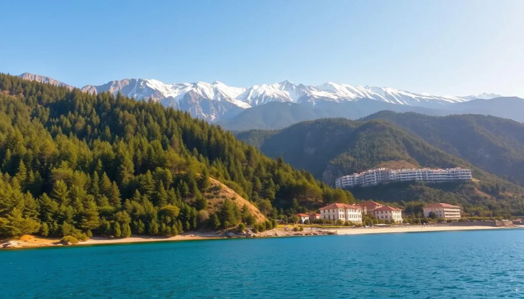 A picturesque vista of Lebanon's diverse climate. Towering cedar forests cascade down rugged mountain slopes, their verdant canopies contrasted by the distant snow-capped peaks. In the foreground, a tranquil Mediterranean coastline is bathed in warm, golden sunlight, the crystal-clear waters gently lapping at the pristine sandy beaches. The scene is infused with a sense of serene harmony, capturing the unique blend of lush greenery, dramatic terrain, and azure skies that define Lebanon's captivating natural beauty.