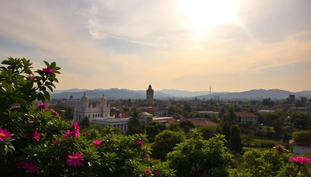 A picturesque vista of Salem city, Tamil Nadu, on a pleasant day. The foreground showcases lush, verdant foliage and vibrant blooms, inviting the viewer to explore the city's gardens and parks. In the middle ground, a mix of traditional and modern architecture stands tall, capturing the city's blend of heritage and progress. The background reveals rolling hills and a clear, azure sky, bathed in warm, golden sunlight that filters through wispy, cloud-dotted heavens. The overall scene exudes a serene, inviting atmosphere, perfectly capturing the ideal climate and charm of visiting Salem during its temperate seasons.