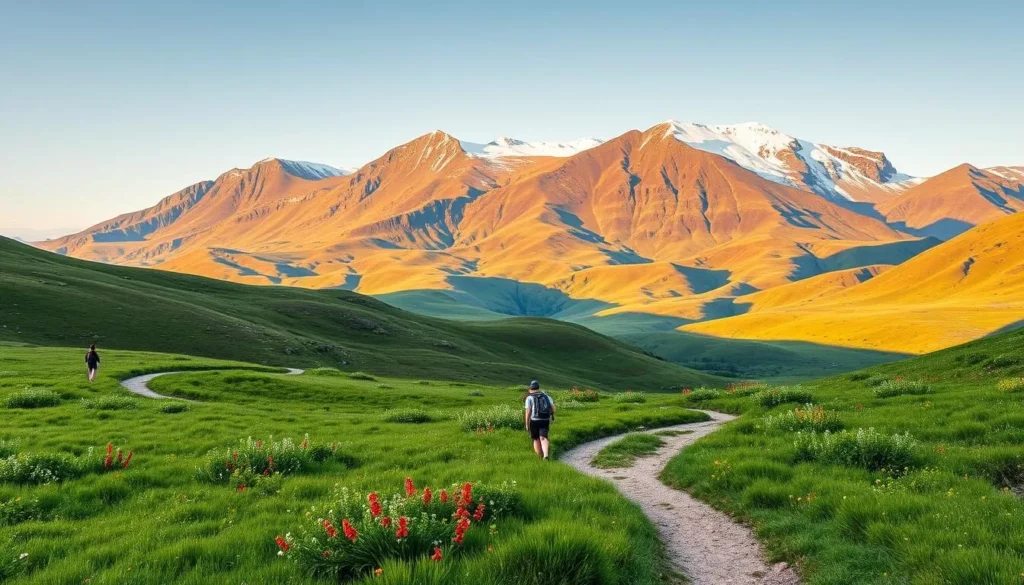 A picturesque vista of the Kungsleden Trail, Sweden's renowned long-distance hiking route. The foreground showcases a well-maintained path winding through a lush, verdant landscape, dotted with vibrant wildflowers. In the middle ground, a series of gentle, rolling hills stretch out, their slopes covered in a tapestry of greens and earthy tones. The background is dominated by a majestic mountain range, its peaks capped with pristine snow, bathed in warm, golden light. The scene exudes a sense of tranquility and adventure, inviting the viewer to embark on an unforgettable journey through the heart of the Swedish wilderness. Captured with a wide-angle lens, this image conveys the scale and grandeur of the Kungsleden Trail's five main sections.