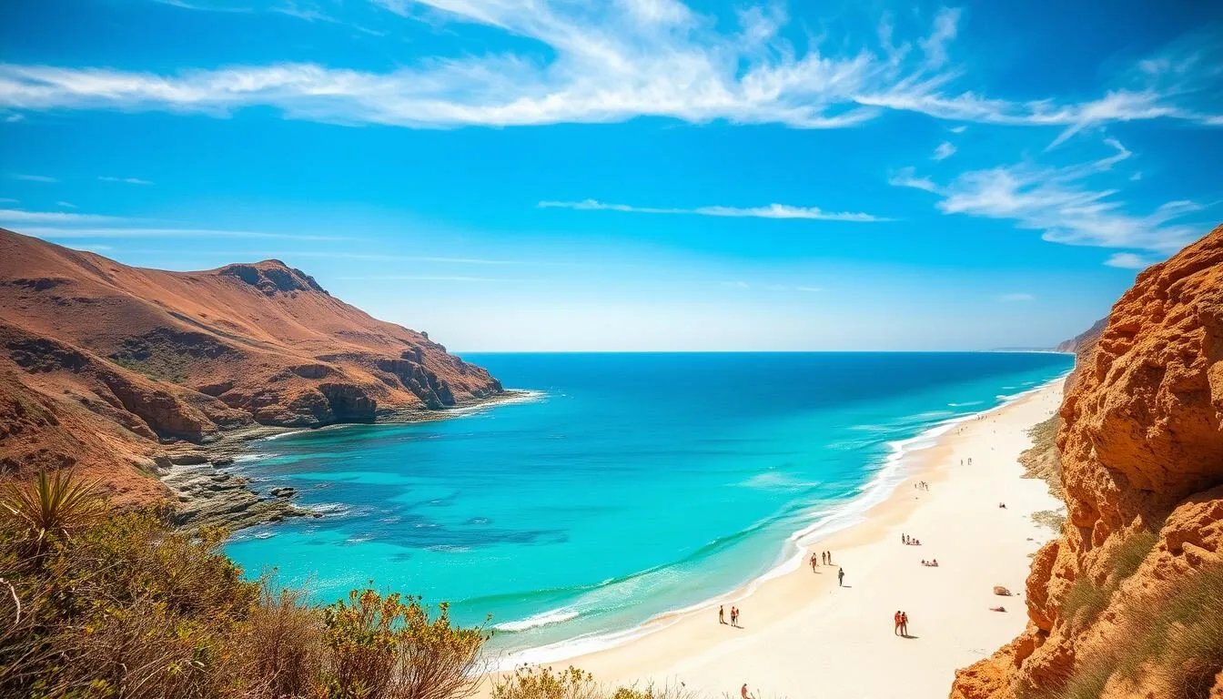A picturesque vista of the Santa Teresa beaches in Uruguay, bathed in warm, golden sunlight. Pristine white sands stretch out, leading the eye towards the tranquil, azure waters of the Atlantic Ocean. In the foreground, sun-kissed beachgoers leisurely stroll along the shoreline, while in the distance, rugged cliffs rise up, their ochre hues contrasting beautifully with the vivid blue sky above. A serene, coastal paradise, captured through the lens of a high-quality camera, showcasing the breathtaking natural beauty of Santa Teresa National Park.