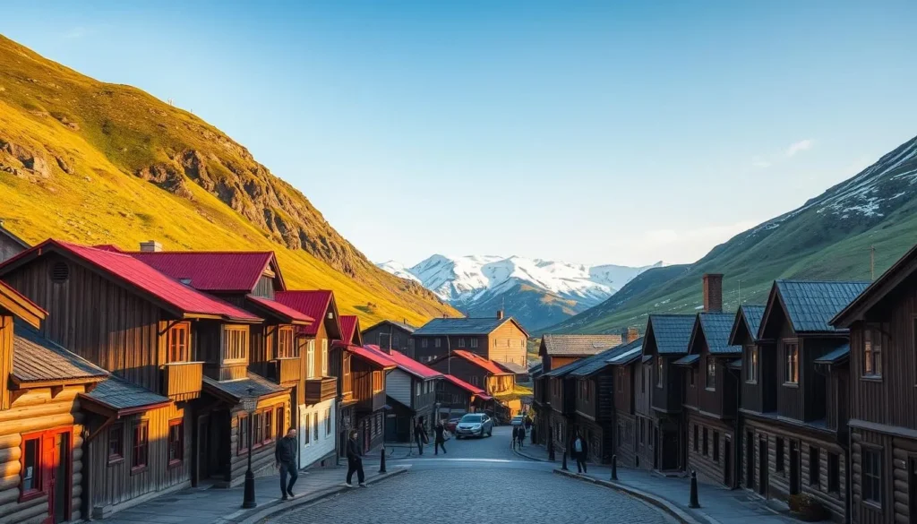 A picturesque vista of the UNESCO-protected Røros, a historic mining town nestled amidst the rugged peaks of the Sylan Mountains in Norway. Capture the quaint, well-preserved wooden structures bathed in warm, golden sunlight, their vibrant red-painted roofs contrasting against the lush, verdant hillsides. In the foreground, cobblestone streets wind through the charming town center, with locals and visitors strolling leisurely. In the middle ground, the iconic Smelthytta copper smelting plant stands as a testament to Røros' industrial heritage. The majestic, snow-capped Sylan peaks rise majestically in the distant background, creating a breathtaking, postcard-perfect scene.