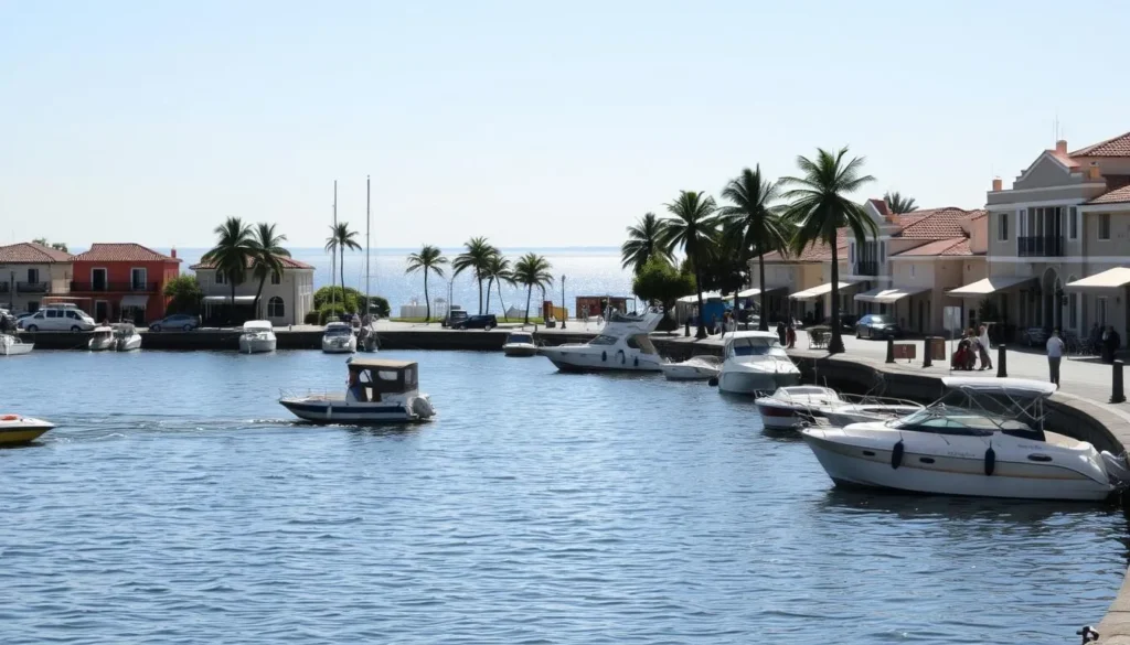A picturesque waterfront scene along the banks of the Rio de la Plata in the historic town of Colonia del Sacramento, Uruguay. In the foreground, colorful boats and yachts bob gently in the calm waters, their reflections shimmering beneath a bright, cloudless sky. Lining the promenade, quaint colonial-style buildings with pastel facades and tiled roofs frame the tranquil scene, casting soft shadows across the cobblestone walkways. In the middle ground, palm trees sway in the gentle breeze, adding a touch of tropical ambiance. The background is dominated by the vast expanse of the river, its horizon hazy and indistinct, evoking a sense of serenity and isolation. The overall mood is one of relaxation and timelessness, inviting the viewer to imagine strolling along the picturesque waterfront and taking in the charming atmosphere of this UNESCO World Heritage site.