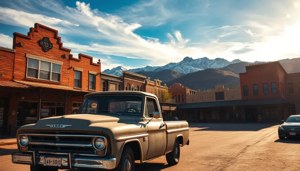 A picturesque western town nestled in the rolling foothills of Alberta's Rocky Mountains. The iconic Main Street of Fort Macleod, with its historic brick buildings and weathered storefronts, serves as the charming backdrop for this cinematic scene. Warm sunlight filters through wispy clouds, casting a golden glow across the scene. In the foreground, a vintage pickup truck sits parked, its faded paint and chrome trim hinting at the town's rich history. Towering mountains rise in the distance, their snow-capped peaks reaching up to the bright blue sky. This idyllic setting, a favorite of filmmakers, captures the timeless essence of small-town Alberta and its role as a versatile filming location.