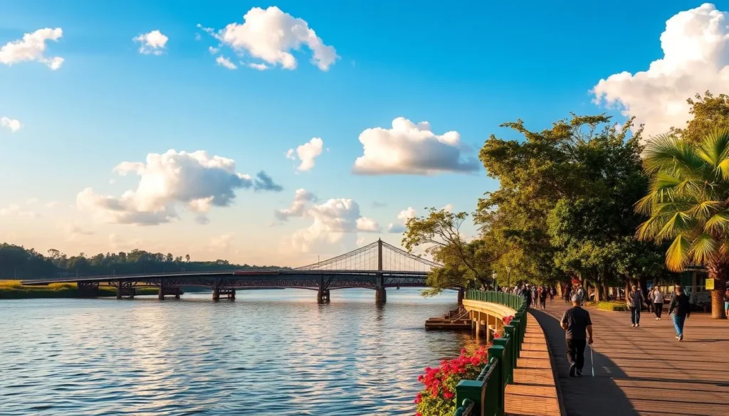 A picturesque winter day in Kanchanaburi, Thailand. Lush green foliage and vibrant flowers adorn the serene riverbanks, bathed in warm, golden sunlight. Fluffy white clouds drift lazily across a clear, azure sky. Fishermen cast their lines into the tranquil waters of the Mae Klong River, while visitors stroll along the promenade, taking in the serene atmosphere. In the distance, the historic River Kwai Bridge stands as a testament to the region's storied past. The overall scene exudes a sense of peaceful calm, perfectly capturing the ideal weather conditions for a visit to Kanchanaburi during the December season.