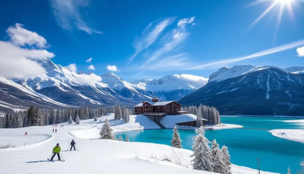 A picturesque winter landscape at Lake Louise Ski Resort, Alberta. A snow-covered mountain range provides a majestic backdrop, with the iconic Lake Louise in the foreground, its turquoise waters reflecting the surrounding peaks. Skiers and snowboarders glide down groomed slopes, enjoying the crisp, clear day. Sunlight filters through wispy clouds, casting a warm glow over the scene. In the middle ground, a cozy ski lodge stands, its rustic architecture blending seamlessly with the natural environment. The overall atmosphere conveys the tranquility and beauty of the Canadian Rockies during the peak ski season.