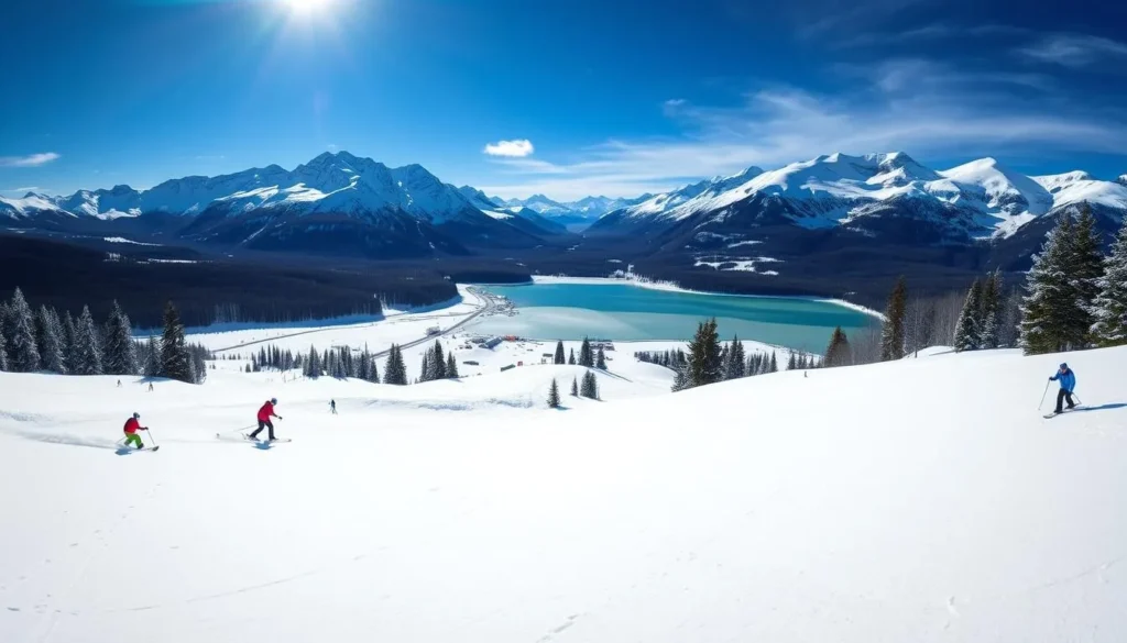 A picturesque winter landscape at Lake Louise Ski Resort, Alberta. The foreground features a well-groomed ski run with powdery snow, dotted with skiers and snowboarders carving graceful turns. The middle ground showcases the majestic Canadian Rockies, their peaks capped with glistening snow under a bright, crisp sky. In the background, the iconic Lake Louise nestled between the mountains, its turquoise waters reflecting the surrounding beauty. The scene is illuminated by natural daylight, creating a serene and awe-inspiring atmosphere. Capture the essence of this world-renowned ski destination and its breathtaking terrain.