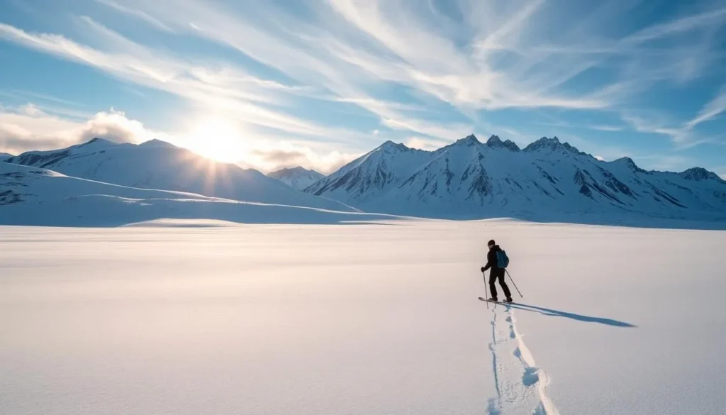 A picturesque winter landscape in Hardangervidda, Norway. In the foreground, a skier glides gracefully across the pristine, snow-covered terrain, leaving delicate tracks in their wake. The middle ground features a rolling, mountainous backdrop, with jagged peaks piercing the clear, azure sky. Soft, diffused sunlight filters through wispy clouds, casting a warm, golden glow over the scene. The atmosphere is serene and tranquil, inviting the viewer to immerse themselves in the peaceful solitude of this Nordic wilderness.