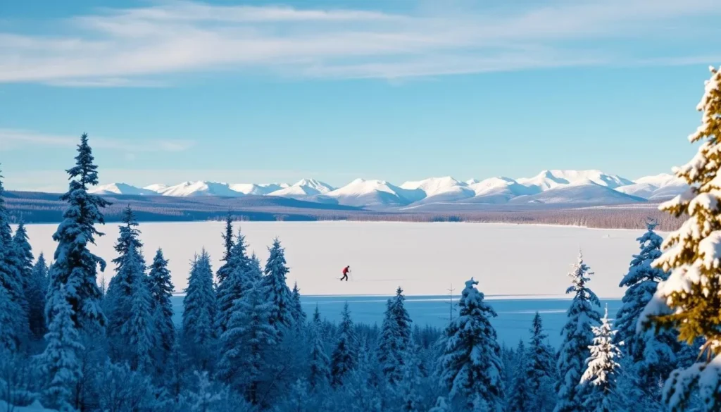 A picturesque winter landscape in Kiruna, Sweden, showcasing the best time to visit. The scene features a snow-covered forest in the foreground, with towering pine trees and a dusting of fresh powder. In the middle ground, a frozen lake reflects the azure sky and the distant mountains, capped with glistening snow. The background is dominated by the majestic Scandinavian peaks, casting long shadows across the pristine terrain. The lighting is soft and diffused, creating a serene and tranquil atmosphere. A single cross-country skier glides gracefully across the lake, capturing the essence of the idyllic winter wonderland. This image conveys the beauty and peacefulness of Kiruna during its prime visitation period.